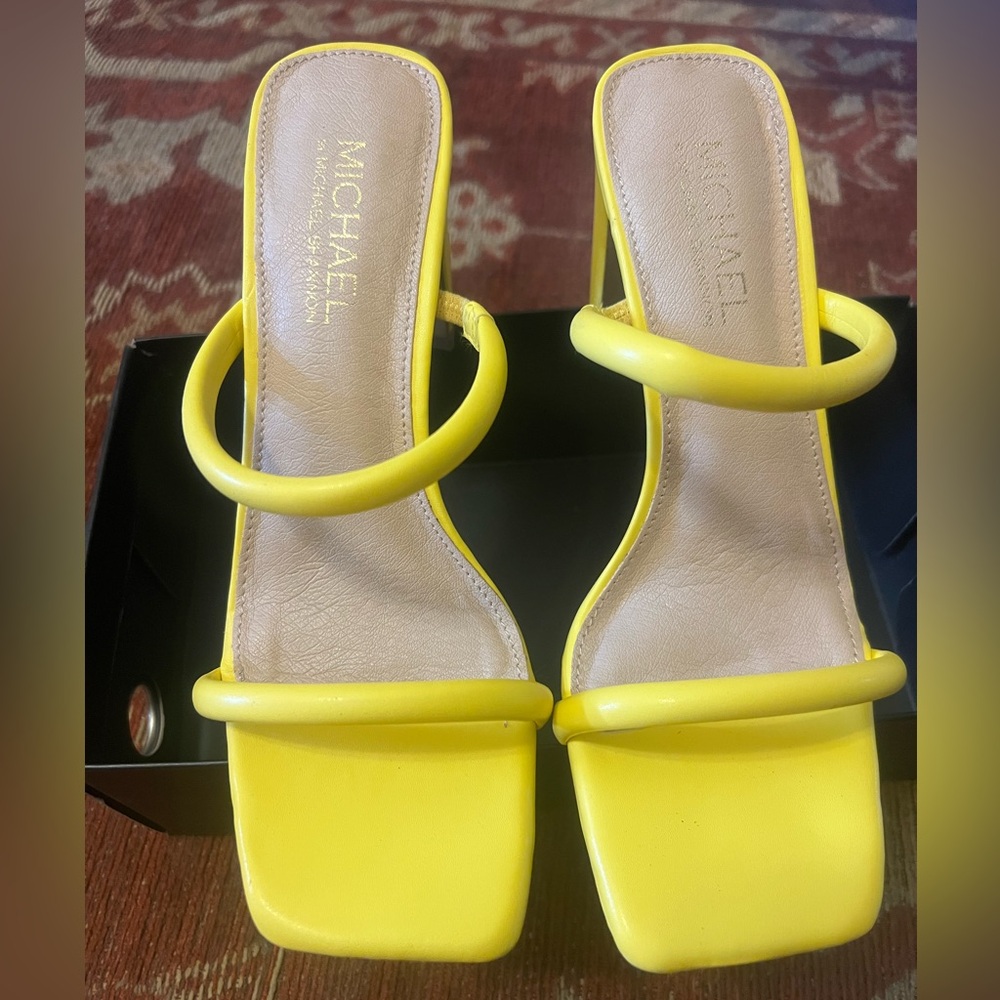 Michael Shannon Yellow Double-Strap Square-Toe Sandal Heels